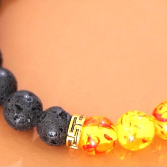 Dragon’s Breath Black Lava Rock & Orange Fire Beads Round Ball Stretchy Bracelet - Picture 3 of 4